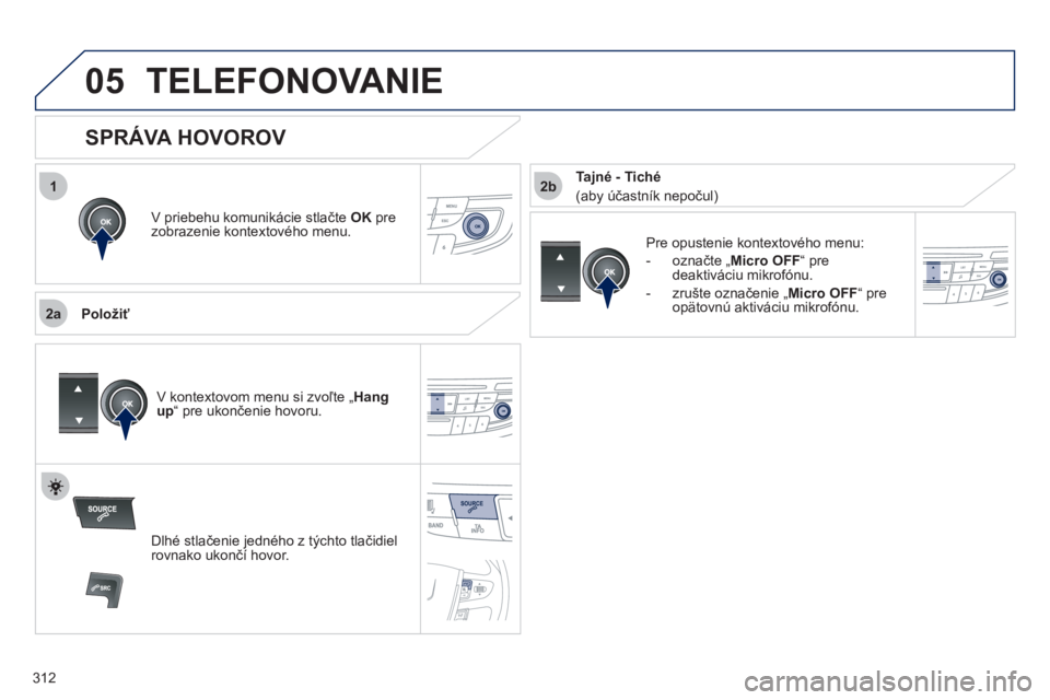 Peugeot 508 2012  Užívateľská príručka (in Slovak) 312
 
1
2a
2b
05TELEFONOVANIE 
V priebehu komunikácie stlačte  OK 
 pre 
zobrazenie kontextového menu.
   
Položi
ť Pre opustenie kontextového menu:
-  označte 
„ Micro OFF“ predeaktiváciu