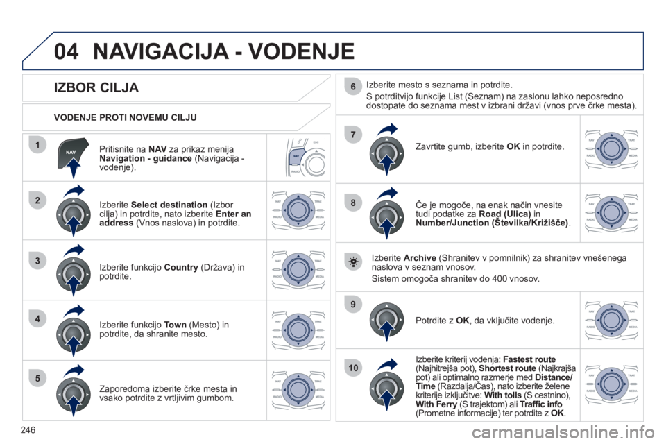 Peugeot 508 2012  Priročnik za lastnika (in Slovenian) 246
04
1
2
3
4
5
7
9
10
8
6
   
Pritisnite na NAV 
 za prikaz menija
Navigation - guidance(Navigacija - 
vodenje).      
VODENJE PROTI NOVEMU CILJU  
NAVIGACIJA - VODENJE
 
 
 
 
 
 
 
 
 
 
 
 
 
IZB
