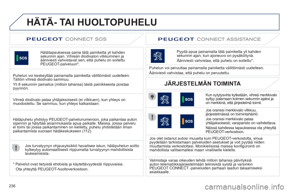 Peugeot 508 2012 Omistajan käsikirja (in Finnish) 236
HÄTÄ- TAI HUOLTOPUHELU
Hätätapauksessa paina tätä painiketta yli kahden
sekunnin ajan. Vihreän diodivalon vilkkuminen ja ääniviesti vahvistavat sen, että puhelu on soitettu
PEUGEOT-palv Peugeot 508 2012 Omistajan käsikirja (in Finnish) 236
HÄTÄ- TAI HUOLTOPUHELU
Hätätapauksessa paina tätä painiketta yli kahden
sekunnin ajan. Vihreän diodivalon vilkkuminen ja ääniviesti vahvistavat sen, että puhelu on soitettu
PEUGEOT-palv