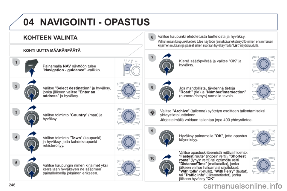 Peugeot 508 2012 Omistajan käsikirja (in Finnish) 246
04
1
2
3
4
5
7
9
10
8
6
Painamalla NAVnäyttöön tulee"Navigation - guidance " -valikko.
KOHTI UUTTA MÄÄRÄNPÄÄTÄ
NAVIGOINTI - OPASTUS
KOHTEEN VALINTA Peugeot 508 2012 Omistajan käsikirja (in Finnish) 246
04
1
2
3
4
5
7
9
10
8
6
Painamalla NAVnäyttöön tulee"Navigation - guidance " -valikko.
KOHTI UUTTA MÄÄRÄNPÄÄTÄ
NAVIGOINTI - OPASTUS
KOHTEEN VALINTA
