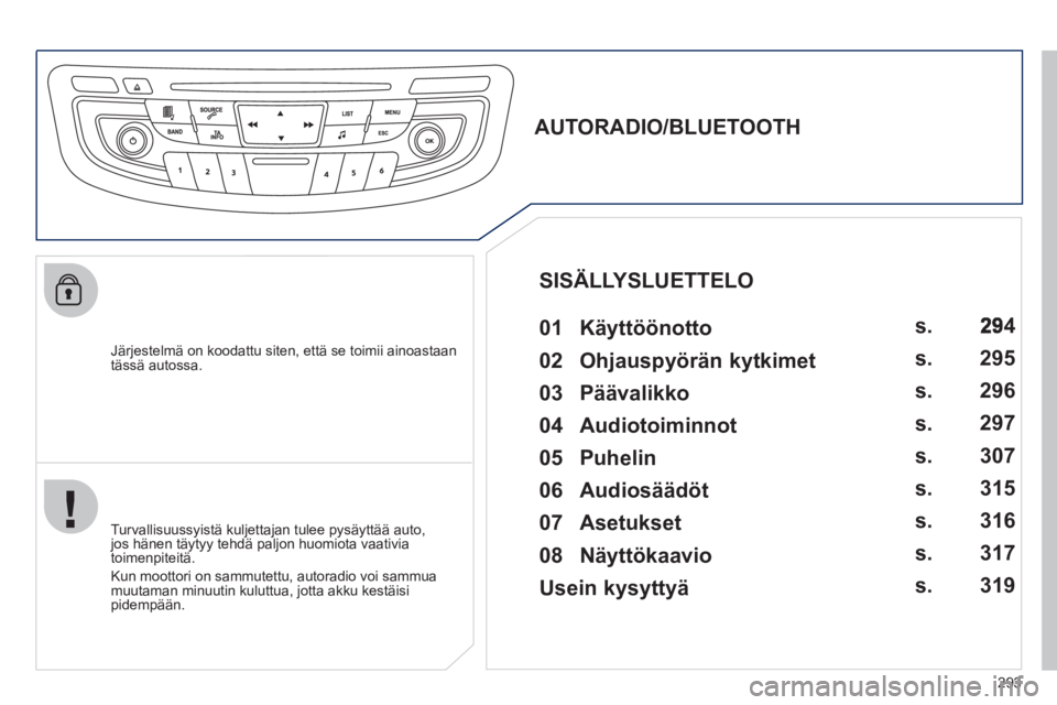 Peugeot 508 2012 Omistajan käsikirja (in Finnish) 293
Järjestelmä on koodattu siten, että se toimii ainoastaan
tässä autossa.
AUTORADIO/BLUETOOTH
01 Käyttöönotto
Turvallisuussyistä kuljettajan tulee pysäyttää Peugeot 508 2012 Omistajan käsikirja (in Finnish) 293
Järjestelmä on koodattu siten, että se toimii ainoastaan
tässä autossa.
AUTORADIO/BLUETOOTH
01 Käyttöönotto
Turvallisuussyistä kuljettajan tulee pysäyttää