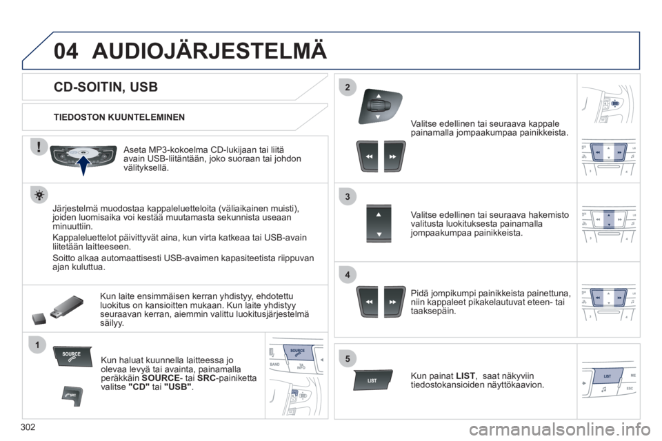 Peugeot 508 2012 Omistajan käsikirja (in Finnish) 302
04
1
3
2
4
5
CD-SOITIN, USB
AUDIOJÄRJESTELMÄ
TIEDOSTON KUUNTELEMINEN
Aseta MP3-kokoelma
CD-lukijaan tai liitä
avain USB-liitäntään, joko suoraan tai jo Peugeot 508 2012 Omistajan käsikirja (in Finnish) 302
04
1
3
2
4
5
CD-SOITIN, USB
AUDIOJÄRJESTELMÄ
TIEDOSTON KUUNTELEMINEN
Aseta MP3-kokoelma
CD-lukijaan tai liitä
avain USB-liitäntään, joko suoraan tai jo