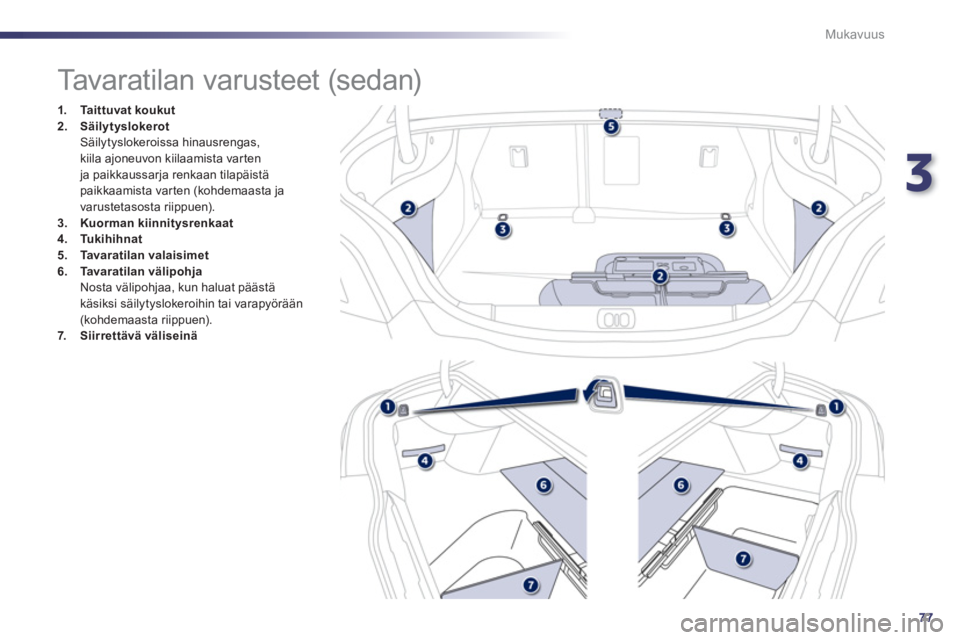 Peugeot 508 2012  Omistajan käsikirja (in Finnish) 3
77
Mukavuus
   
 
 
 
 
 
 
 
 
 
 
 
 
 
 
 
 
Tavaratilan varusteet (sedan) 
1.Taittuvat koukut2.Säilytyslokerot Säilytyslokeroissa hinausrengas,
kiila ajoneuvon kiilaamista varten ja paikkaussa