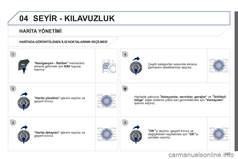 Peugeot 508 2012  Kullanım Kılavuzu (in Turkish) 255
04
35
1
2
4
SEYİR - KILAVUZLUK
"Navigasyon - Rehber" menüsünü rekrana getirmek için  NAV 
 tuşunabasınız.  
 
 
HARİTA YÖNETİMİ 
HARİTADA GÖRÜNTÜLENEN İLGİ NOKTALARININ SEÇİLME