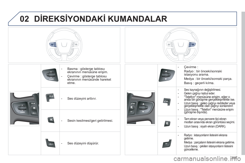 Peugeot 508 2012  Kullanım Kılavuzu (in Turkish) 02
295
DİREKSİYONDAKİ KUMANDALAR
 
 
 
-  Basma : gösterge tablosu ekranının menüsüne erişim.
   
-  
Çevirme : gösterge tablosuekranının menüsünde hareketetme.
   
 
-  
Ses düzeyini 