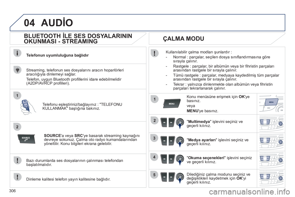 Peugeot 508 2012  Kullanım Kılavuzu (in Turkish) 306
04
1
2
1
2
3
4
5
AUDİO 
 
 
 
 
 
 
 
BLUETOOTH İLE SES DOSYALARININ 
OKUNMASI - STREAMING 
Telefonun uyumluluğuna bağlıdır 
 
Tele
fonu eşleştiriniz/bağlayınız : "TELEFONUKULLANMAK" ba