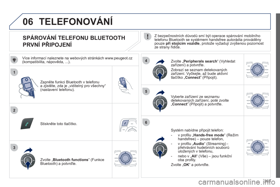 Peugeot 508 2012 Návod k obsluze (in Czech) 263
1
2
5
6
3
4
06
SPÁROVÁNÍ TELEFONU BLUETOOTH
PRVNÍ PŘIPOJENÍ
Z bezpečnostních důvodů smí být operace spárování mobilního
telefonu Bluetooth se Peugeot 508 2012 Návod k obsluze (in Czech) 263
1
2
5
6
3
4
06
SPÁROVÁNÍ TELEFONU BLUETOOTH
PRVNÍ PŘIPOJENÍ
Z bezpečnostních důvodů smí být operace spárování mobilního
telefonu Bluetooth se