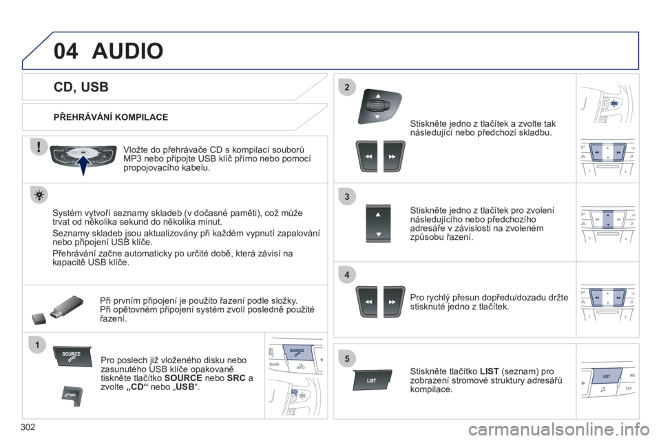 Peugeot 508 2012  Návod k obsluze (in Czech) 302
04
1
3
2
4
5
   
 
 
 
 
 
 
 
 
 
 
 
CD, USB 
AUDIO 
 
 
PŘEHRÁVÁNÍ KOMPILACE  
   
Vložte do přehrávače CD s kompilací souborů
MP3 nebo připojte USB klíč přímo nebo pomocí
propo