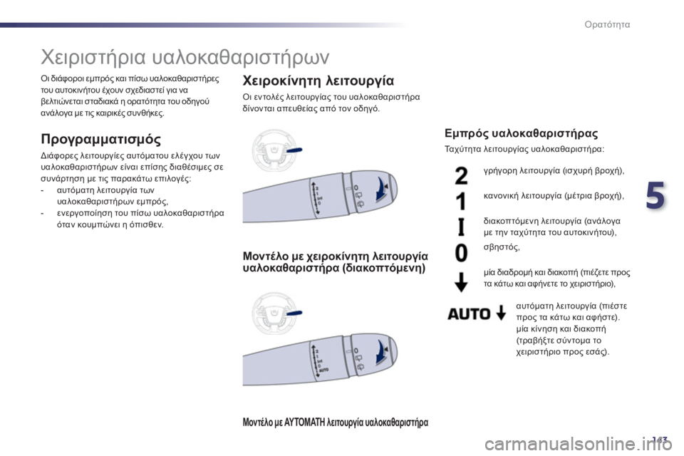 Peugeot 508 2012  Εγχειρίδιο χρήσης (in Greek) 5
143
Ορατότητα
   
 
 
 
 
 
 
 
Χειριστήρια υαλοκαθαριστήρων 
 
 
Προγραμματισμός
 
Διάφορες λειτουργίες αυτόματου ελ