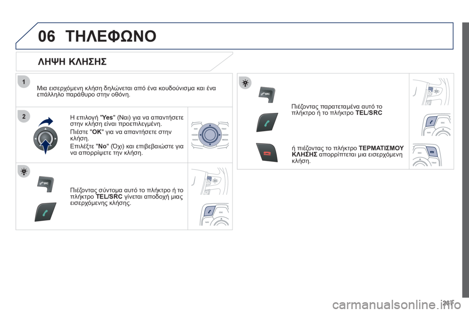 Peugeot 508 2012 Εγχειρίδιο χρήσης (in Greek) 267
1
2
06ΤΗΛΕΦΩΝΟ
ΛΗΨΗ ΚΛΗΣΗΣ
Μια εισερχόμενη κλήση δηλώνεται από ένα κουδούνισμα και ένα επάλληλο παράθυρ Peugeot 508 2012 Εγχειρίδιο χρήσης (in Greek) 267
1
2
06ΤΗΛΕΦΩΝΟ
ΛΗΨΗ ΚΛΗΣΗΣ
Μια εισερχόμενη κλήση δηλώνεται από ένα κουδούνισμα και ένα επάλληλο παράθυρ