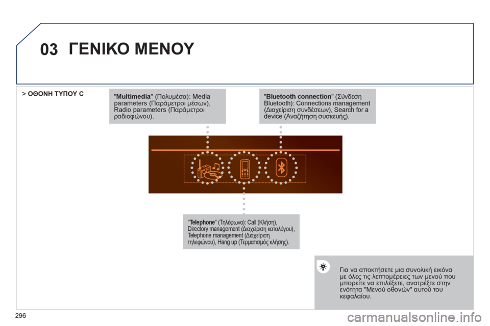 Peugeot 508 2012  Εγχειρίδιο χρήσης (in Greek) 296
03
"Multimedia" (Πολυμέσα): Media parameters (Παράμετροι μέσων),Radio parameters (Παράμετροιραδιοφώνου).
"Telephone" (Τηλέφωνο): Call (Κλήση