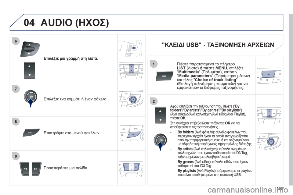 Peugeot 508 2012  Εγχειρίδιο χρήσης (in Greek) 303
7
6
8
9
2
1
04
Επιλέξτε ένα κομμάτι ή έναν φάκελο.  
Π
ροσπεράστε μια σελίδα. Επιστρ
έψτε στο μενού φακέλων.
AUDIO (ΗΧΟ