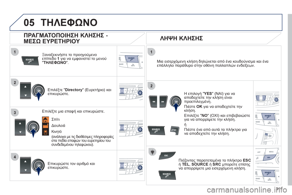 Peugeot 508 2012  Εγχειρίδιο χρήσης (in Greek) 311
 
  
1
2
1
4
2
3
05ΤΗΛΕΦΩΝΟ
Ξαναξεκινήστε το προηγούμενοεπίπεδο 1για να εμφανιστεί το μενού"ΤΗΛΕΦΩΝΟ".  
   
Επιλέ
ξτ