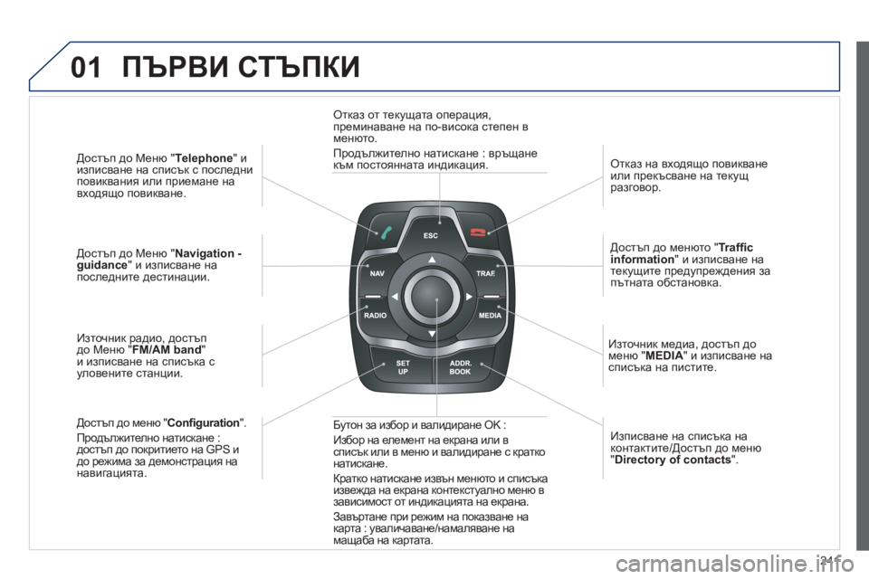 Peugeot 508 2012  Ръководство за експлоатация (in Bulgarian) 241
01
Достъп до Меню "Tеlеphone 
" и
изписване на списък с последни
повиквания или приемане на 
входящо повикване.
До