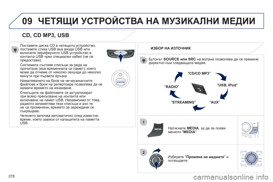 Peugeot 508 2012  Ръководство за експлоатация (in Bulgarian) 278
09
1
2
ЧЕТЯЩИ УСТРОЙСТВА НА МУЗИКАЛНИ МЕДИИ 
 
 
CD, CD MP3, USB 
 
 
Поставете диска CD в четящото устройство, 
поставете