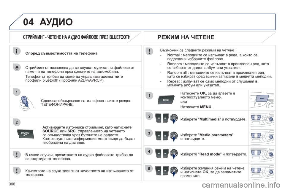 Peugeot 508 2012  Ръководство за експлоатация (in Bulgarian) 306
04
1
2
1
2
3
4
5
АУДИО
   
 
 
 
 
 
СТРИЙМИНГ - ЧЕТЕНЕ НА АУДИО ФАЙЛОВЕ ПРЕЗ BLUETOOTH 
Според съвместимостта на телефона
Сд
