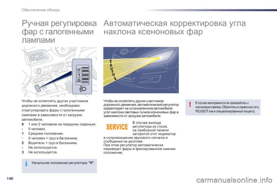 Peugeot 508 2012  Инструкция по эксплуатации (in Russian) 140
i
!
Обеспечение обзора
 
 
 
 
 
 
 
Ручная регулировка 
фар с галогенными 
лампами    
 
 
 
 
 
 
 
Автоматическая корр
