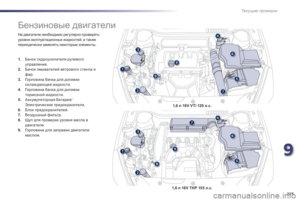 Peugeot 508 2012  Инструкция по эксплуатации (in Russian) 9
215
Те к у щ и е проверки
 
На двигателе необходимо регулярно проверятьуровни эксплуатационных жидкостей, а та