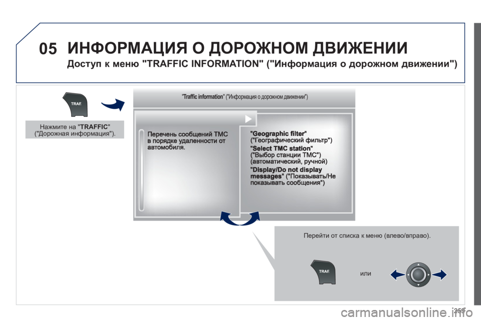 Peugeot 508 2012 Инструкция по эксплуатации (in Russian) 259
05 ИНФОРМАЦИЯ О ДОРОЖНОМ ДВИЖЕНИИ
Доступ к меню "TRAFFIC INFORMATION" ("Информация о дорожном движении")
Перейти от Peugeot 508 2012 Инструкция по эксплуатации (in Russian) 259
05 ИНФОРМАЦИЯ О ДОРОЖНОМ ДВИЖЕНИИ
Доступ к меню "TRAFFIC INFORMATION" ("Информация о дорожном движении")
Перейти от