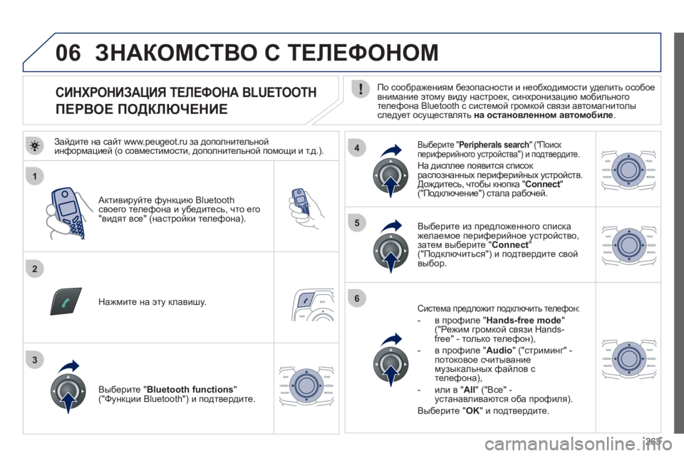 Peugeot 508 2012 Инструкция по эксплуатации (in Russian) 263
1
2
5
6
3
4
06
СИНХРОНИЗАЦИЯ ТЕЛЕФОНА BLUETOOTH
ПЕРВОЕ ПОДКЛЮЧЕНИЕ
По соображениям безопасности Peugeot 508 2012 Инструкция по эксплуатации (in Russian) 263
1
2
5
6
3
4
06
СИНХРОНИЗАЦИЯ ТЕЛЕФОНА BLUETOOTH
ПЕРВОЕ ПОДКЛЮЧЕНИЕ
По соображениям безопасности