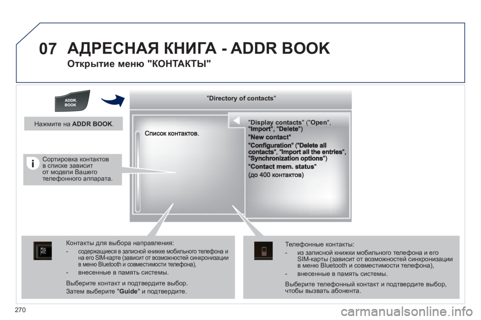 Peugeot 508 2012 Инструкция по эксплуатации (in Russian) 270
07 АДРЕСНАЯ КНИГА - ADDR BOOK
Открытие меню "КОНТАКТЫ"
""""""""yyyyyDirectory of contactsDirectory of contactsDirectory of contactsDirectory of contacts Peugeot 508 2012 Инструкция по эксплуатации (in Russian) 270
07 АДРЕСНАЯ КНИГА - ADDR BOOK
Открытие меню "КОНТАКТЫ"
""""""""yyyyyDirectory of contactsDirectory of contactsDirectory of contactsDirectory of contacts