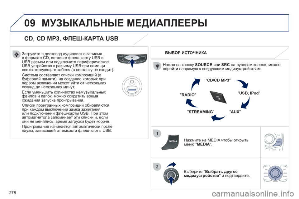 Peugeot 508 2012 Инструкция по эксплуатации (in Russian) 278
09
1
2
МУЗЫКАЛЬНЫЕ МЕДИАПЛЕЕРЫ
CD, CD MP3, ФЛЕШ-КАРТА USB
Загрузите в дисковод аудиодиск с записью
в формате CD, Peugeot 508 2012 Инструкция по эксплуатации (in Russian) 278
09
1
2
МУЗЫКАЛЬНЫЕ МЕДИАПЛЕЕРЫ
CD, CD MP3, ФЛЕШ-КАРТА USB
Загрузите в дисковод аудиодиск с записью
в формате CD,