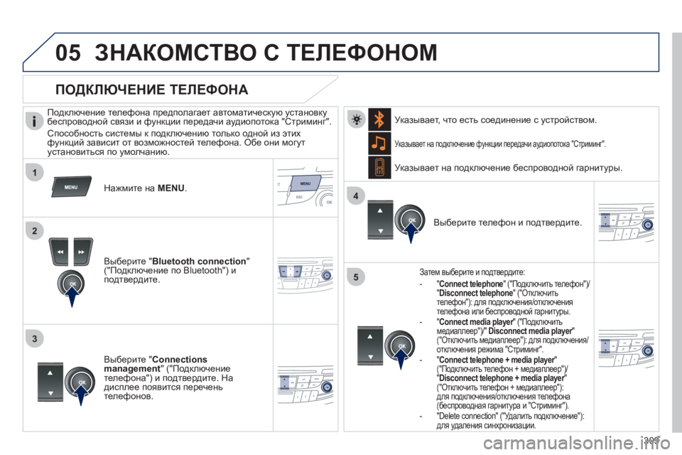 Peugeot 508 2012 Инструкция по эксплуатации (in Russian) 309
1
2
3
4
05
5
ЗНАКОМСТВО С ТЕЛЕФОНОМ
Подключение телефона предполагает автоматическую установкубеспровод Peugeot 508 2012 Инструкция по эксплуатации (in Russian) 309
1
2
3
4
05
5
ЗНАКОМСТВО С ТЕЛЕФОНОМ
Подключение телефона предполагает автоматическую установкубеспровод