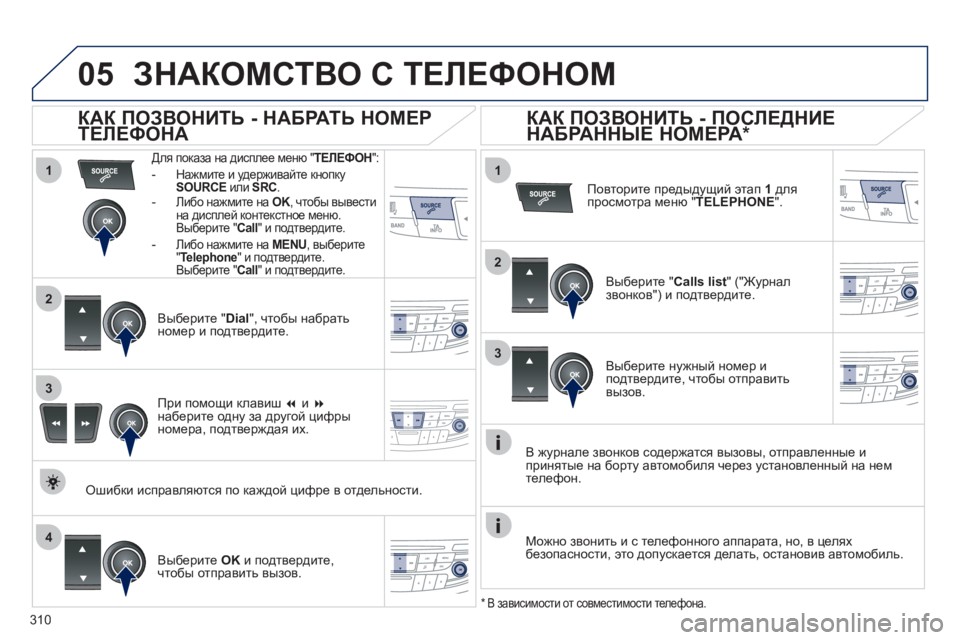 Peugeot 508 2012 Инструкция по эксплуатации (in Russian) 310
1
2
1
4
2
3
3
05ЗНАКОМСТВО С ТЕЛЕФОНОМ
Для показа на дисплее меню " ТЕЛЕФОН":
-Нажмите и удерживайте кнопкуSOURCE
Peugeot 508 2012 Инструкция по эксплуатации (in Russian) 310
1
2
1
4
2
3
3
05ЗНАКОМСТВО С ТЕЛЕФОНОМ
Для показа на дисплее меню " ТЕЛЕФОН":
-Нажмите и удерживайте кнопкуSOURCE