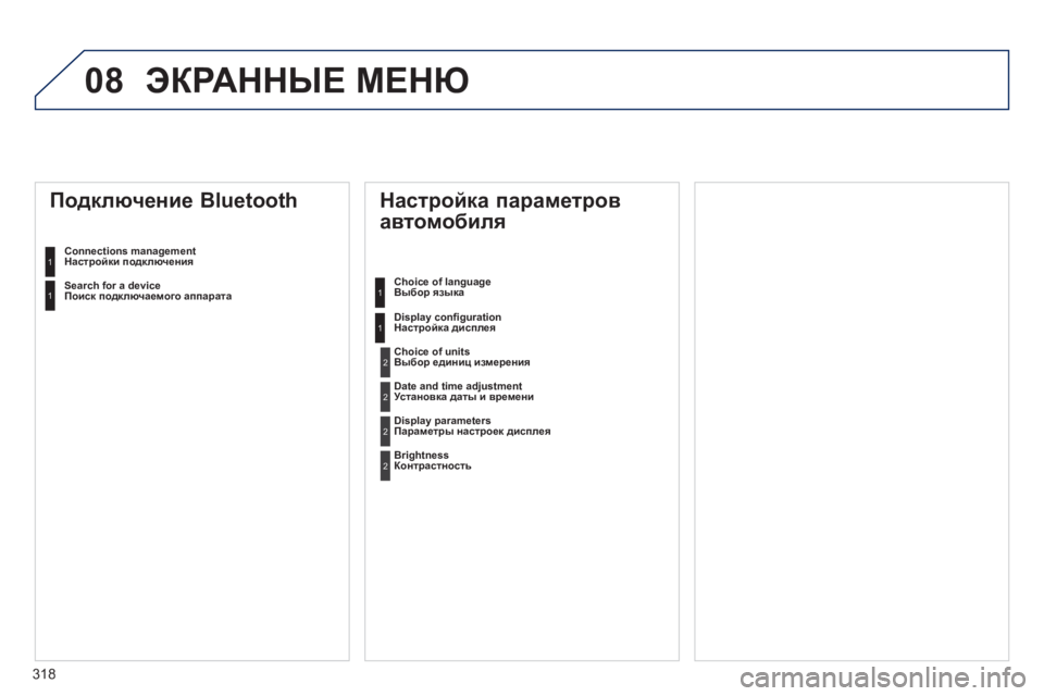 Peugeot 508 2012  Инструкция по эксплуатации (in Russian) 318
08ЭКРАННЫЕ МЕНЮ
 
 
Настройка параметров 
автомобиля 
Choice of language Выбор языка
Displa
y conﬁ gurationНастройка дисплея
 
