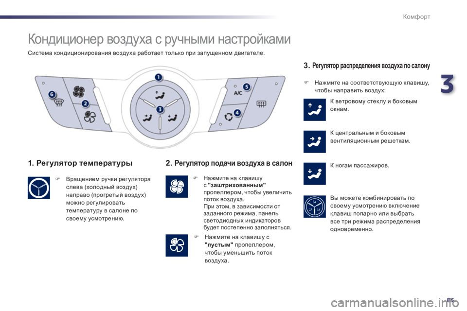 Peugeot 508 2012  Инструкция по эксплуатации (in Russian) 3
85
Комфорт
  Кондиционер воздуха с ручными настройками 
 
 
Система кондиционирования воздуха работает только
