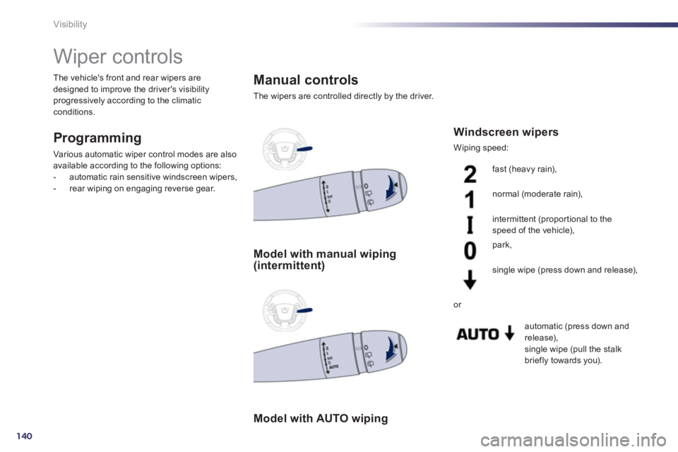Peugeot 508 2011 Owners Manual 140
Visibility
Wiper controls
Programming
Various automatic wiper control modes are also
available according to the following options:
- automatic rain sensitive wi Peugeot 508 2011 Owners Manual 140
Visibility
Wiper controls
Programming
Various automatic wiper control modes are also
available according to the following options:
- automatic rain sensitive wi