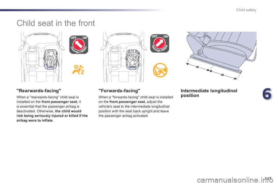 Peugeot 508 2011  Owners Manual 6
147
Child safety
  Child seat in the front  
 
 
"Rearwards-facing" 
 
When a "rear wards-facing" child seat is 
installed on the  front passenger seat 
, it 
is essential that the passenger airbag 