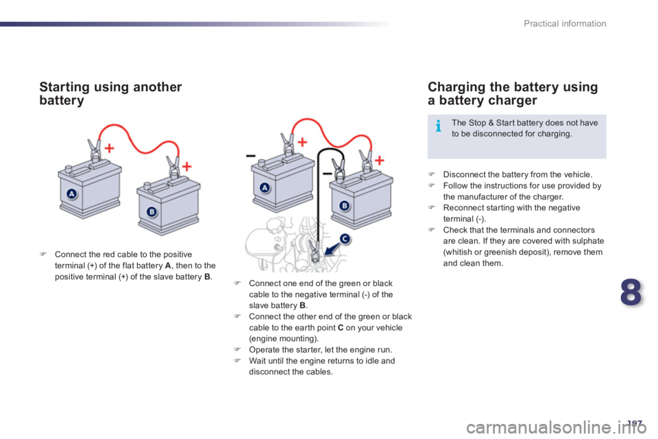 Peugeot 508 2011 Owners Guide 8
197
i
Practical information
   
 
�) 
  Connect the red cable to the positive 
terminal (+) of the flat battery  A 
, then to the 
positive terminal (+) of the slave battery  B 
. 
 
 
Starting usin