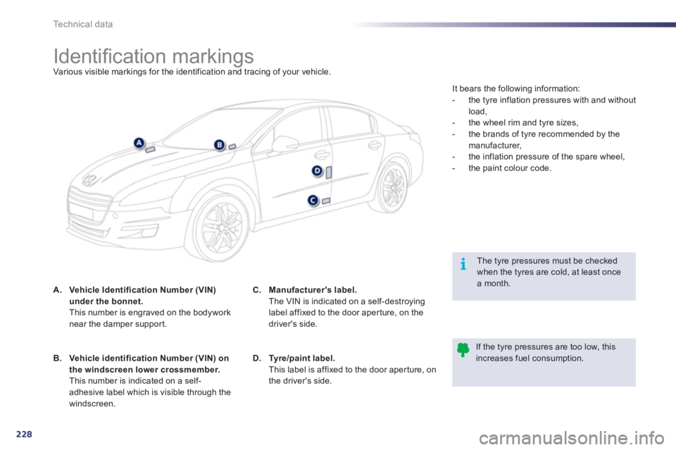 Peugeot 508 2011  Owners Manual 228
i
Technical data
   
 
 
 
 
 
 
 
 
 
 
 
 
 
 
 
 
 
 
 
 
 
 
Identiﬁ cation markings  
Various visible markings for the identification and tracing of your vehicle.  
   
 
 
A. 
  Vehicle Id