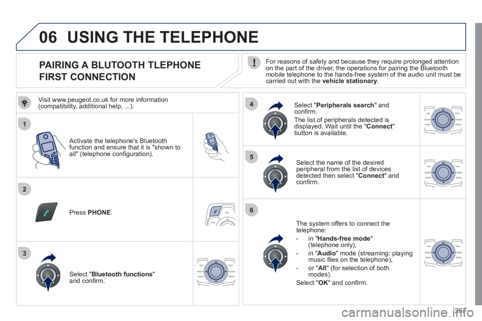Peugeot 508 2011 Owners Manual 257
1
2
5
6
3
4
06
PAIRING A BLUTOOTH TLEPHONE
FIRST CONNECTION
For reasons of safety and because they require prolonged attention
on the part of the driver, the Peugeot 508 2011 Owners Manual 257
1
2
5
6
3
4
06
PAIRING A BLUTOOTH TLEPHONE
FIRST CONNECTION
For reasons of safety and because they require prolonged attention
on the part of the driver, the
