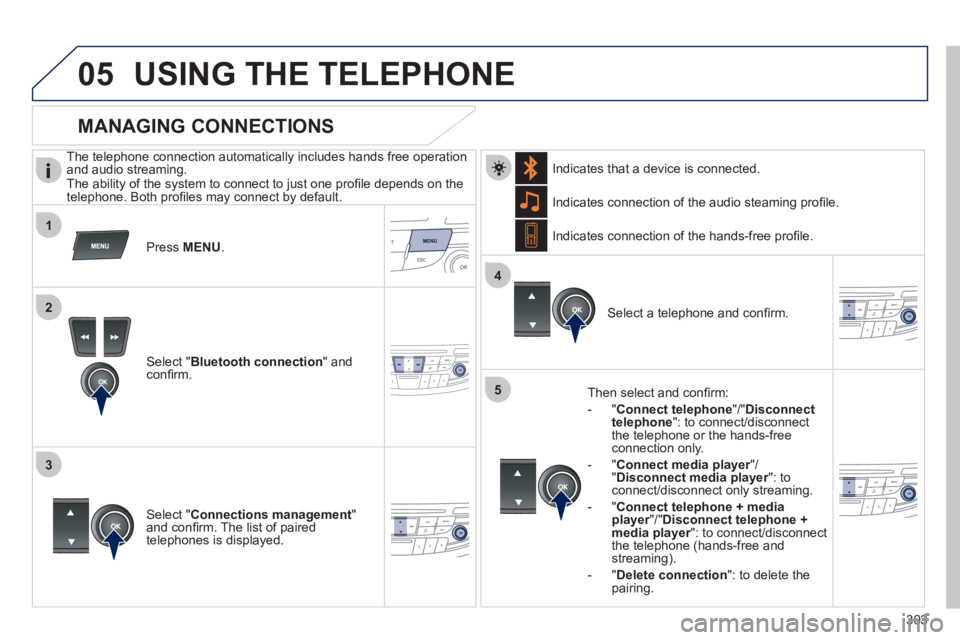 Peugeot 508 2011 Owners Manual 303
1
2
3
4
05
5
USING THE TELEPHONE
The telephone connection automatically includes hands free operation
and audio streaming.
The ability of the system to connect to just one profi le Peugeot 508 2011 Owners Manual 303
1
2
3
4
05
5
USING THE TELEPHONE
The telephone connection automatically includes hands free operation
and audio streaming.
The ability of the system to connect to just one profi le
