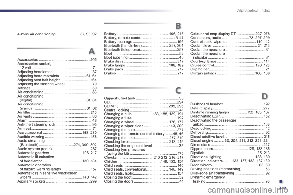 Peugeot 508 2011  Owners Manual .
319 Alphabetical index
4-zone air conditioning ....................... 87, 90, 92Battery ................................................... 196,  216
Battery, remote control .......................