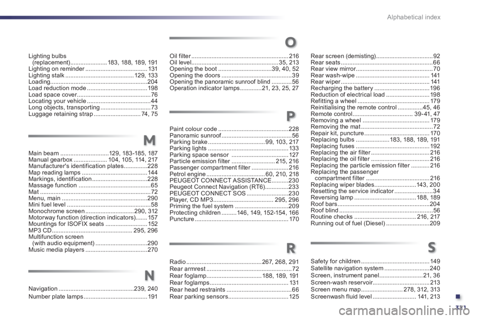 Peugeot 508 2011 Owners Manual .
321
Alphabetical index
Lighting bulbs
(replacement) ...................... 183, 188, 189, 191
Lighting on reminder ..................................... 131
Lighting stalk ......................... Peugeot 508 2011 Owners Manual .
321
Alphabetical index
Lighting bulbs
(replacement) ...................... 183, 188, 189, 191
Lighting on reminder ..................................... 131
Lighting stalk .........................
