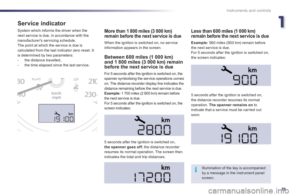 Peugeot 508 2011  Owners Manual 1
33
i
Instruments and controls
   
 
 
 
 
 
Service indicator 
 
 
More than 1 800 miles (3 000 km) 
remain before the next service is due 
  When the ignition is switched on, no ser vice 
informati