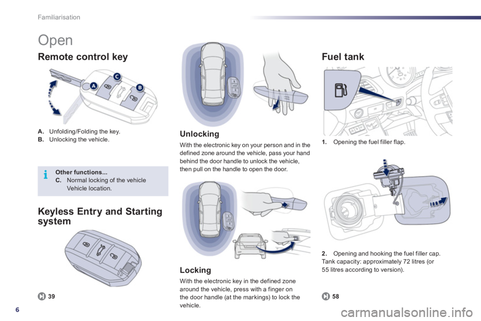 Peugeot 508 2011  Owners Manual 6
i
Familiarisation
  Open 
 
 
A. 
  Unfolding/Folding the key. 
   
B. 
  Unlocking the vehicle. 
 
 
Remote control key 
 
 
 
1. 
  Opening the fuel filler flap. 
 
 
Fuel t ank 
 
 
58 
 
 
 
 
U