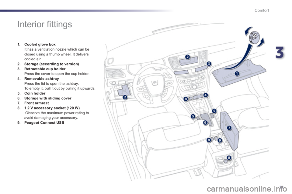 Peugeot 508 2011 Manual PDF 3
71
Comfort
   
 
 
 
 
 
 
 
 
 
 
 
 
 
 
 
 
Interior ﬁ ttings 
 
 
 
1. 
  Cooled glove box 
   
  It has a ventilation nozzle which can be 
closed using a thumb wheel. It delivers 
cooled air.
