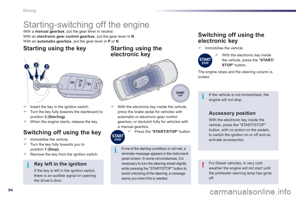 Peugeot 508 2011  Owners Manual 94
i
!
i
i
Driving
   
 
 
 
 
 
 
 
Starting-switching off the engine  
With a  manual gearbox 
, put the gear lever in neutral. 
  With an  electronic gear control gearbox 
, put the gear lever in  