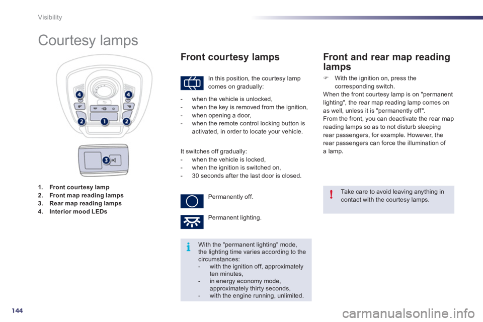 Peugeot 508 2011   - RHD (UK, Australia) User Guide 144
i!
Visibility
   
 
1. 
  Front cour tesy lamp 
 
   
2. 
  Front map reading lamp s 
   
3. 
  Rear map reading lamp s 
   
4. 
  Interior mood LEDs 
 
 
 
 
 
 
 
 
 
 
 
 
 
 
Courtesy lamps 
 