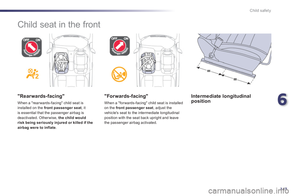 Peugeot 508 2011  Owners Manual - RHD (UK, Australia) 6
147
Child safety
  Child seat in the front  
 
 
"Rearwards-facing" 
 
When a "rear wards-facing" child seat is 
installed on the  front passenger seat 
, it 
is essential that the passenger airbag 