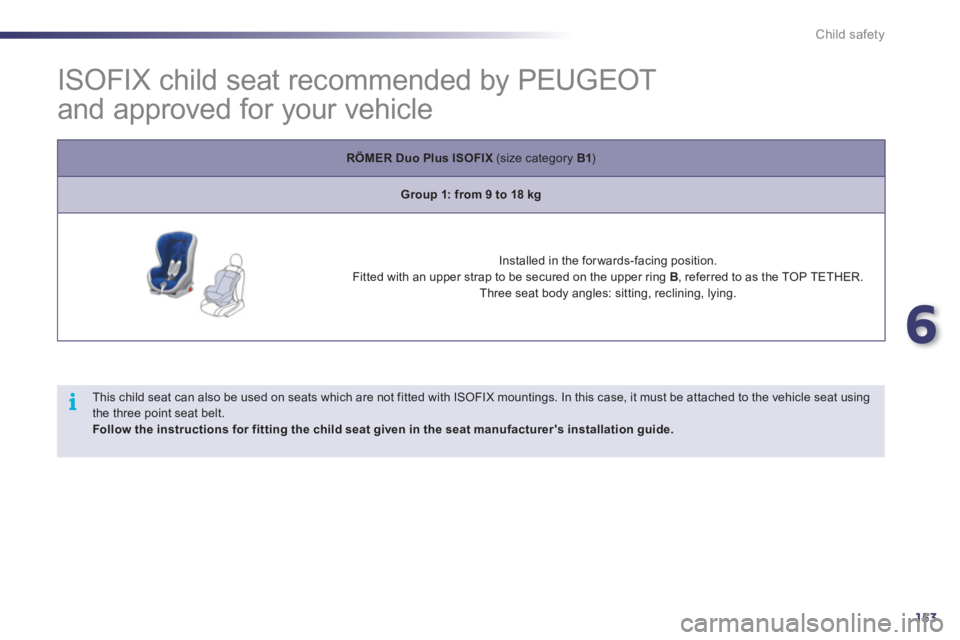 Peugeot 508 2011 Owners Manual - RHD (UK, Australia) 6
153
i
Child safety
ISOFIX child seat recommended by PEUGEOT
and approved for your vehicle
RÖMER Duo Plus ISOFIX
(size category B1
)
Group 1: from 9 to 18 k Peugeot 508 2011 Owners Manual - RHD (UK, Australia) 6
153
i
Child safety
ISOFIX child seat recommended by PEUGEOT
and approved for your vehicle
RÖMER Duo Plus ISOFIX
(size category B1
)
Group 1: from 9 to 18 k