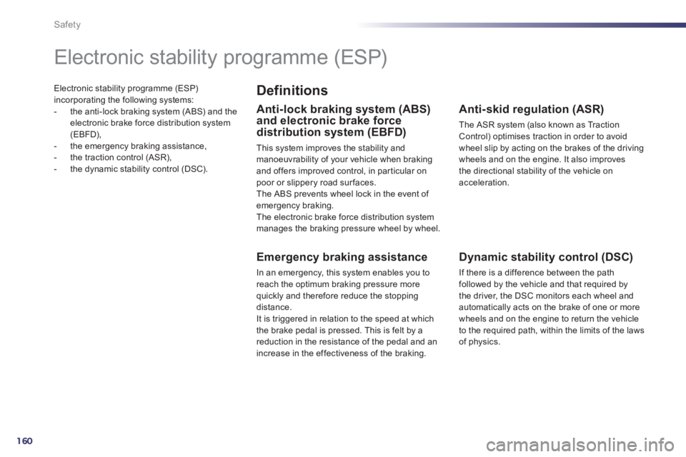 Peugeot 508 2011  Owners Manual - RHD (UK, Australia) 160
Safety
  Electronic stability programme (ESP) 
incorporating the following systems: 
   
 
-   the anti-lock braking system (ABS) and the 
electronic brake force distribution system 
(EBFD), 
   

