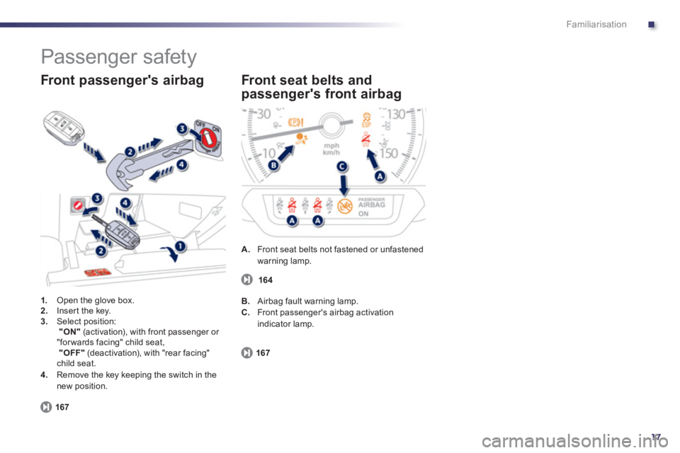 Peugeot 508 2011 - RHD (UK, Australia) User Guide .
17
Familiarisation
Passenger safety
1.
Open the glove box.
2.
Inser t the key.
3.
Select position:
"ON"
(activation), with front passenger or
"for wards facing" ch Peugeot 508 2011 - RHD (UK, Australia) User Guide .
17
Familiarisation
Passenger safety
1.
Open the glove box.
2.
Inser t the key.
3.
Select position:
"ON"
(activation), with front passenger or
"for wards facing" ch