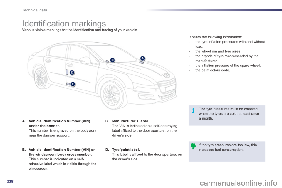 Peugeot 508 2011  Owners Manual - RHD (UK, Australia) 228
i
Technical data
   
 
 
 
 
 
 
 
 
 
 
 
 
 
 
 
 
 
 
 
 
 
 
Identiﬁ cation markings  
Various visible markings for the identification and tracing of your vehicle.  
   
 
 
A. 
  Vehicle Id