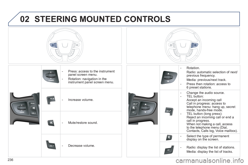 Peugeot 508 2011  Owners Manual - RHD (UK, Australia) 236
02  STEERING MOUNTED CONTROLS 
 
 
 
-   Press: access to the instrument 
panel screen menu. 
   
-   Rotation: navigation in the 
instrument panel screen menu.  
   
 
-  Increase volume.  
   
 