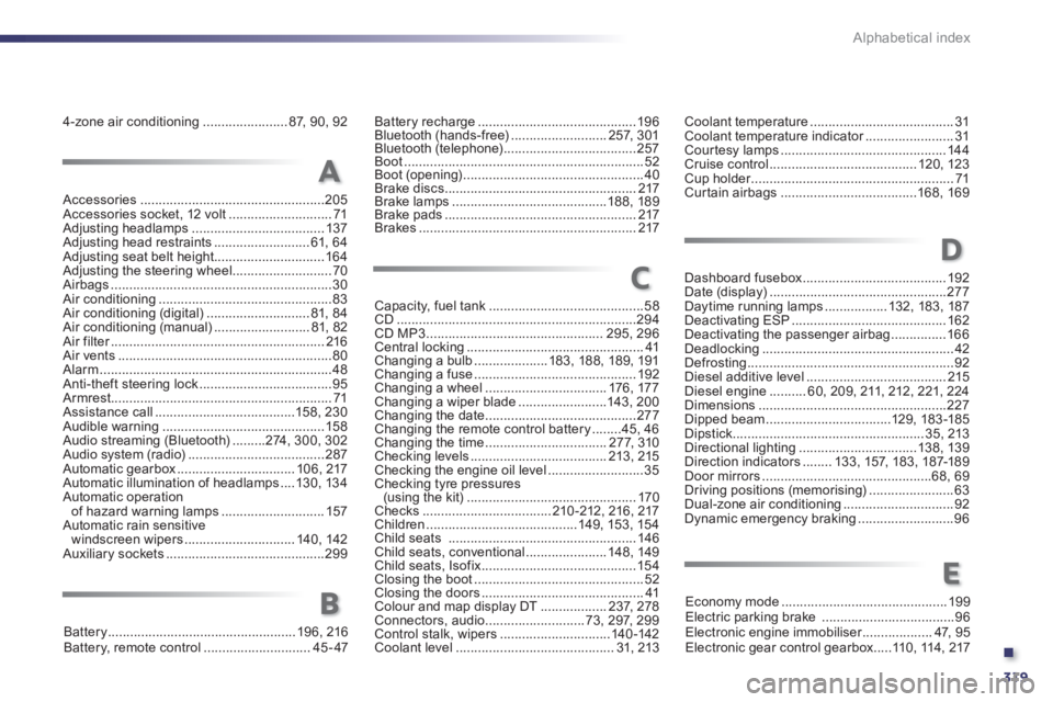 Peugeot 508 2011   - RHD (UK, Australia) Owners Guide .
319 Alphabetical index
Accessories ..................................................205
Accessories socket, 12 volt ............................ 71
Adjusting headlamps .............................